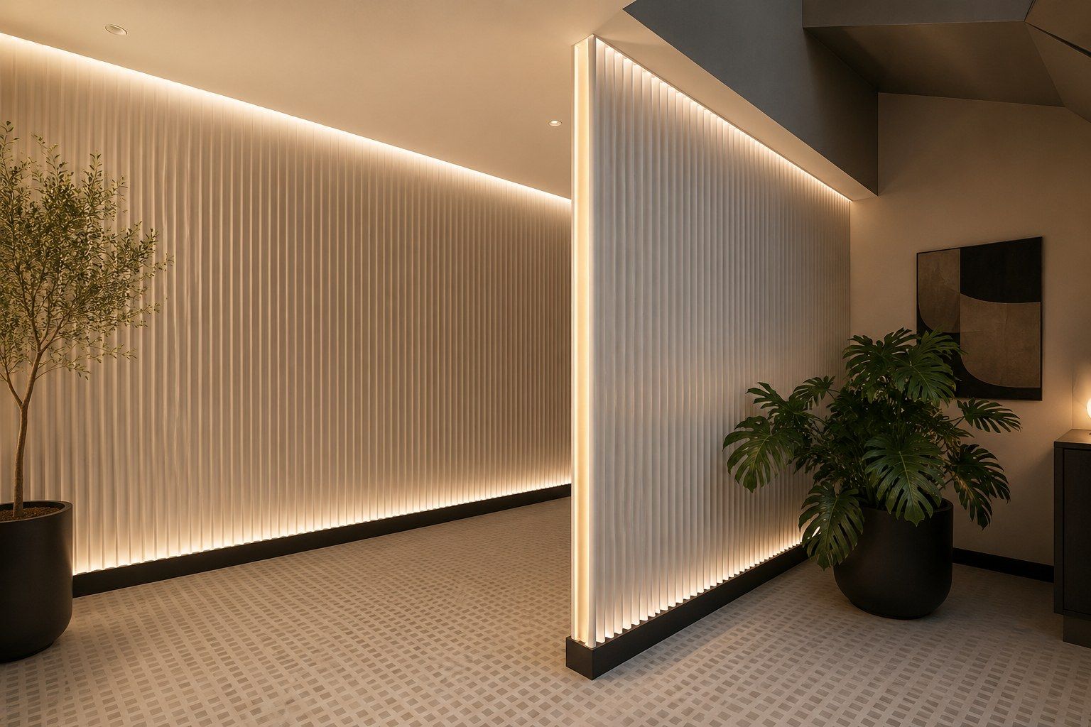 Backlit fluted panels with a warm LED wash in the DI&ME showroom